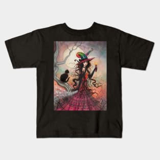 October Flame Witch Cat Fantasy Art by Molly Harrison Kids T-Shirt